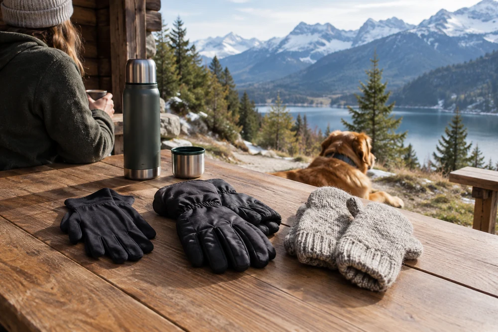 Système de couches pour les mains : sous-gants en mérinos, gants isolés et moufles posés sur une table en bois