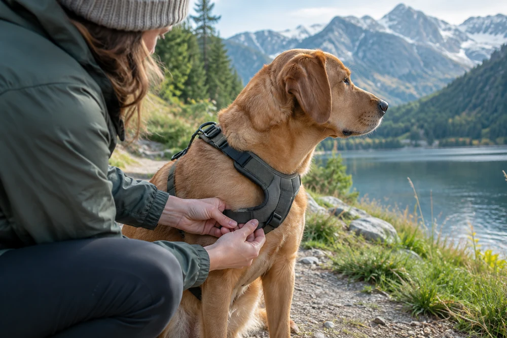 Réglage d'un harnais pour chien en glissant deux doigts sous la sangle du poitrail pour vérifier l'ajustement