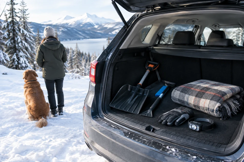 Coffre de voiture équipé pour l'hiver avec pelle à neige, grattoir, brosse, couverture, gants et lampe frontale